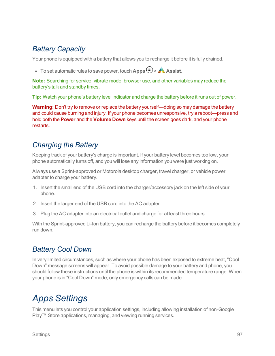 Battery capacity, Charging the battery, Battery cool down | Apps settings | Motorola moto x User Manual | Page 106 / 149