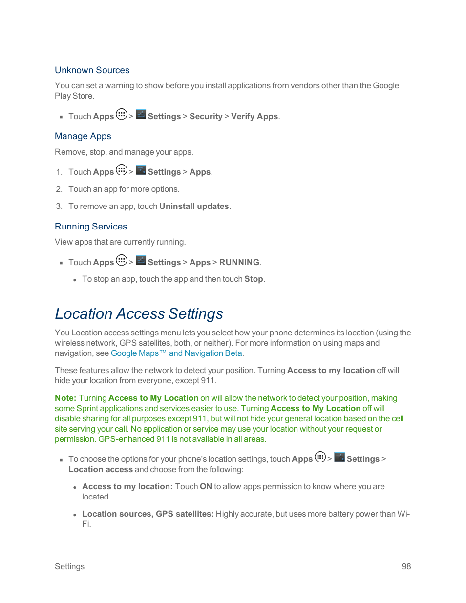 Location access settings | Motorola moto x User Manual | Page 107 / 149