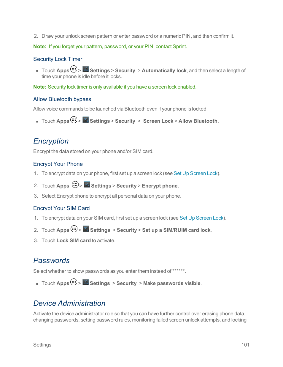 Encryption, Passwords, Device administration | Motorola moto x User Manual | Page 110 / 149