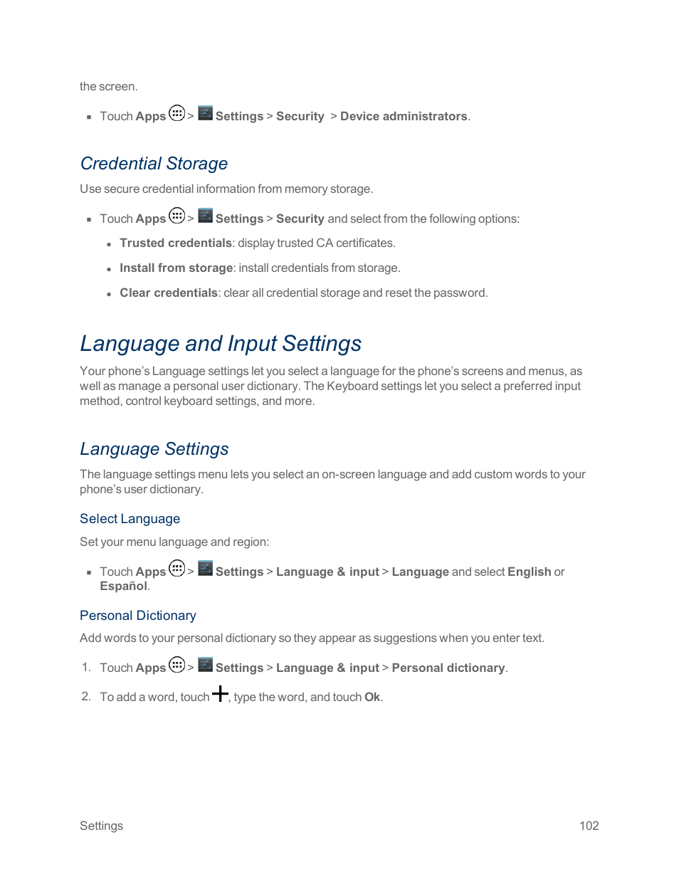 Credential storage, Language and input settings, Language settings | Motorola moto x User Manual | Page 111 / 149