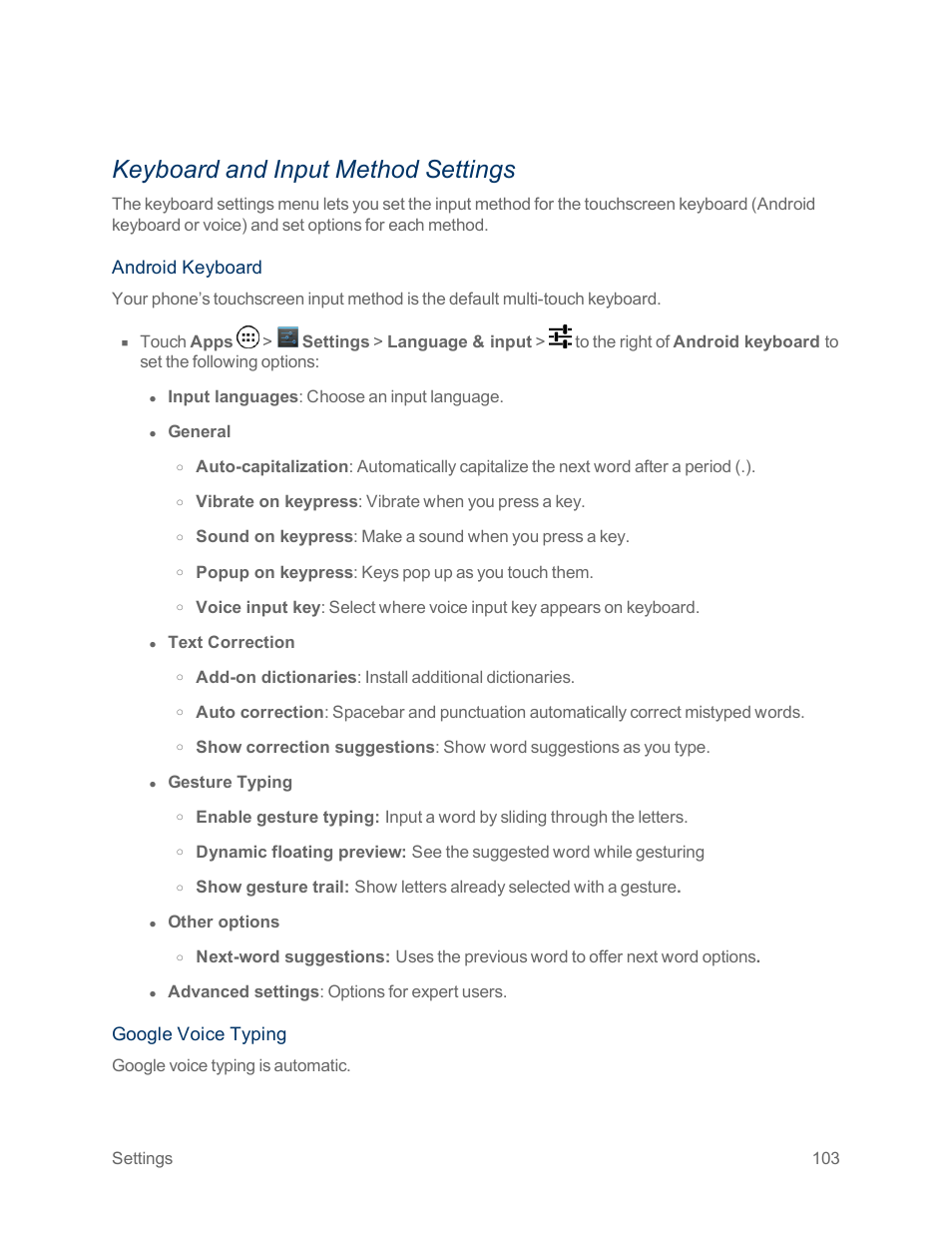 Keyboard and input method settings, Android keyboard, Google voice typing | Motorola moto x User Manual | Page 112 / 149