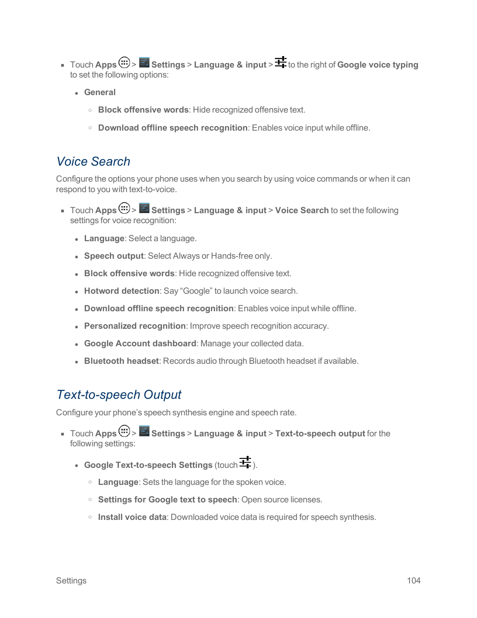 Voice search, Text-to-speech output | Motorola moto x User Manual | Page 113 / 149