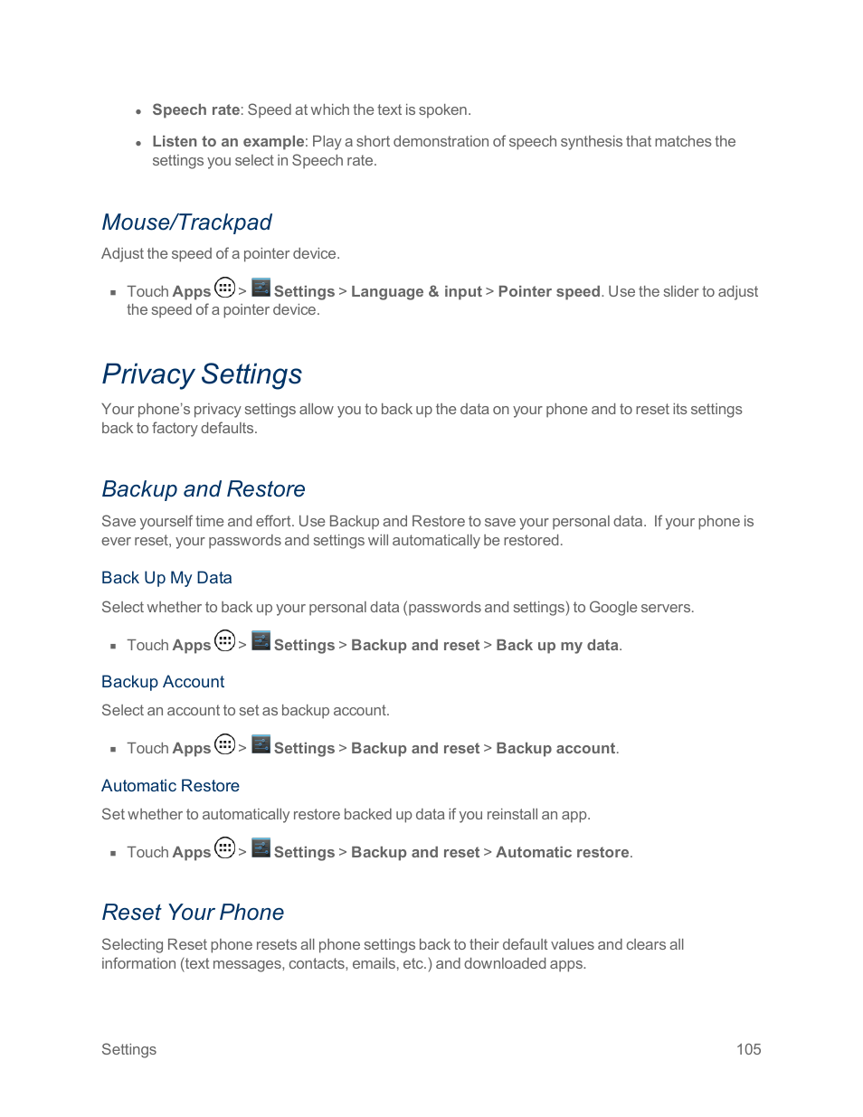 Mouse/trackpad, Privacy settings, Backup and restore | Reset your phone | Motorola moto x User Manual | Page 114 / 149