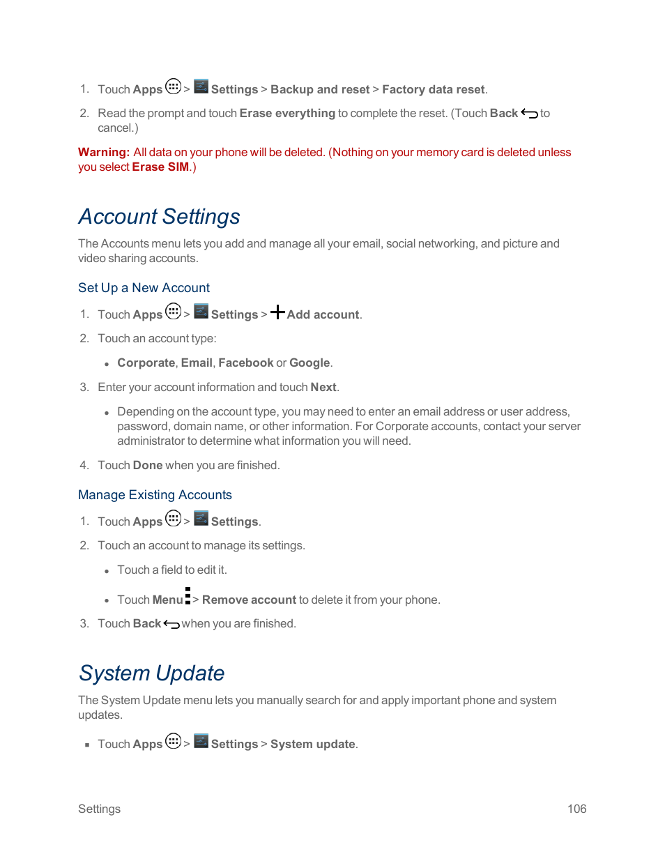 Account settings, System update | Motorola moto x User Manual | Page 115 / 149