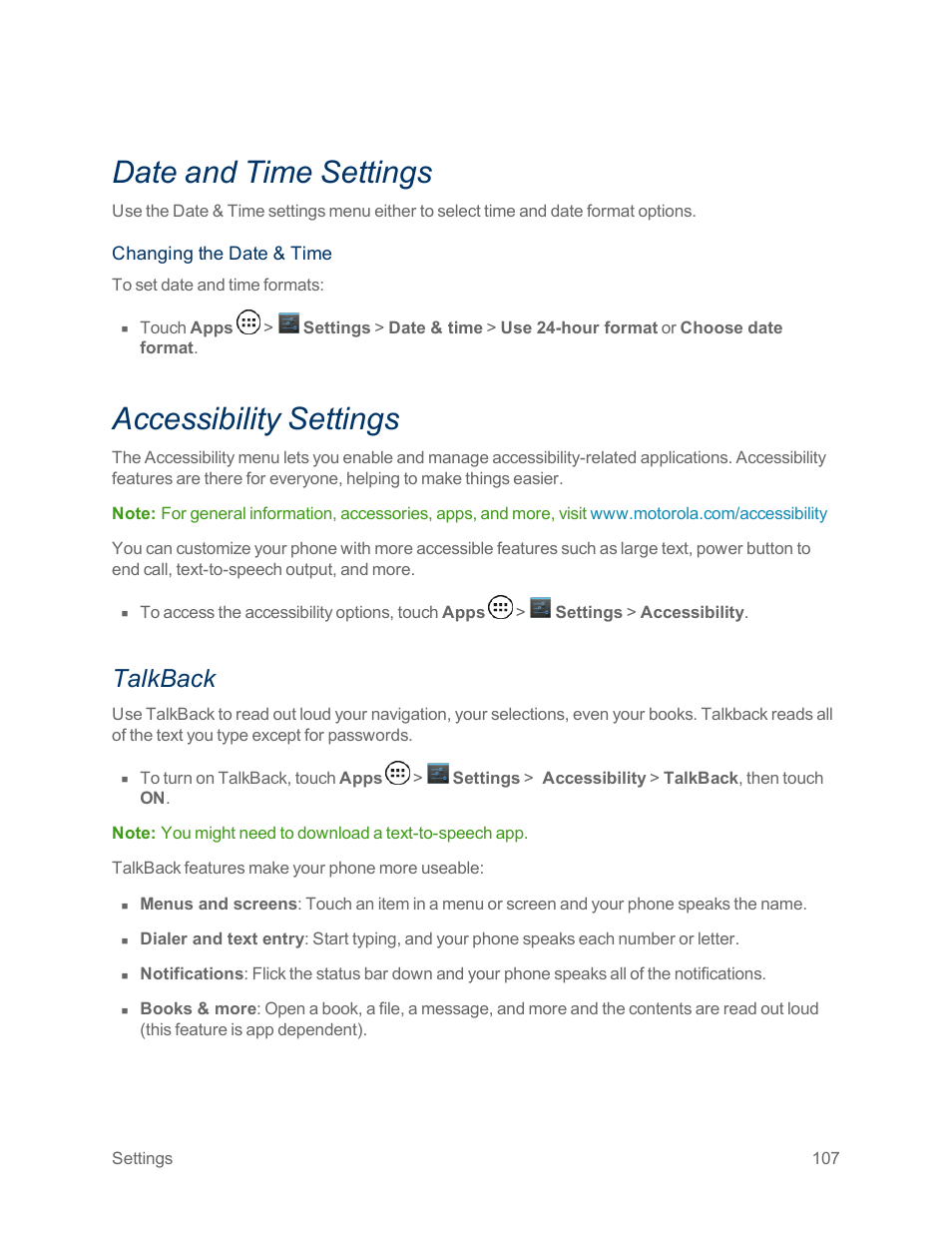 Date and time settings, Accessibility settings, Talkback | Motorola moto x User Manual | Page 116 / 149