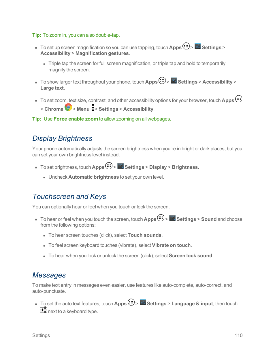 Display brightness, Touchscreen and keys, Messages | Motorola moto x User Manual | Page 119 / 149