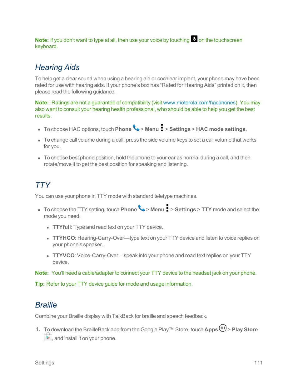 Hearing aids, Braille | Motorola moto x User Manual | Page 120 / 149