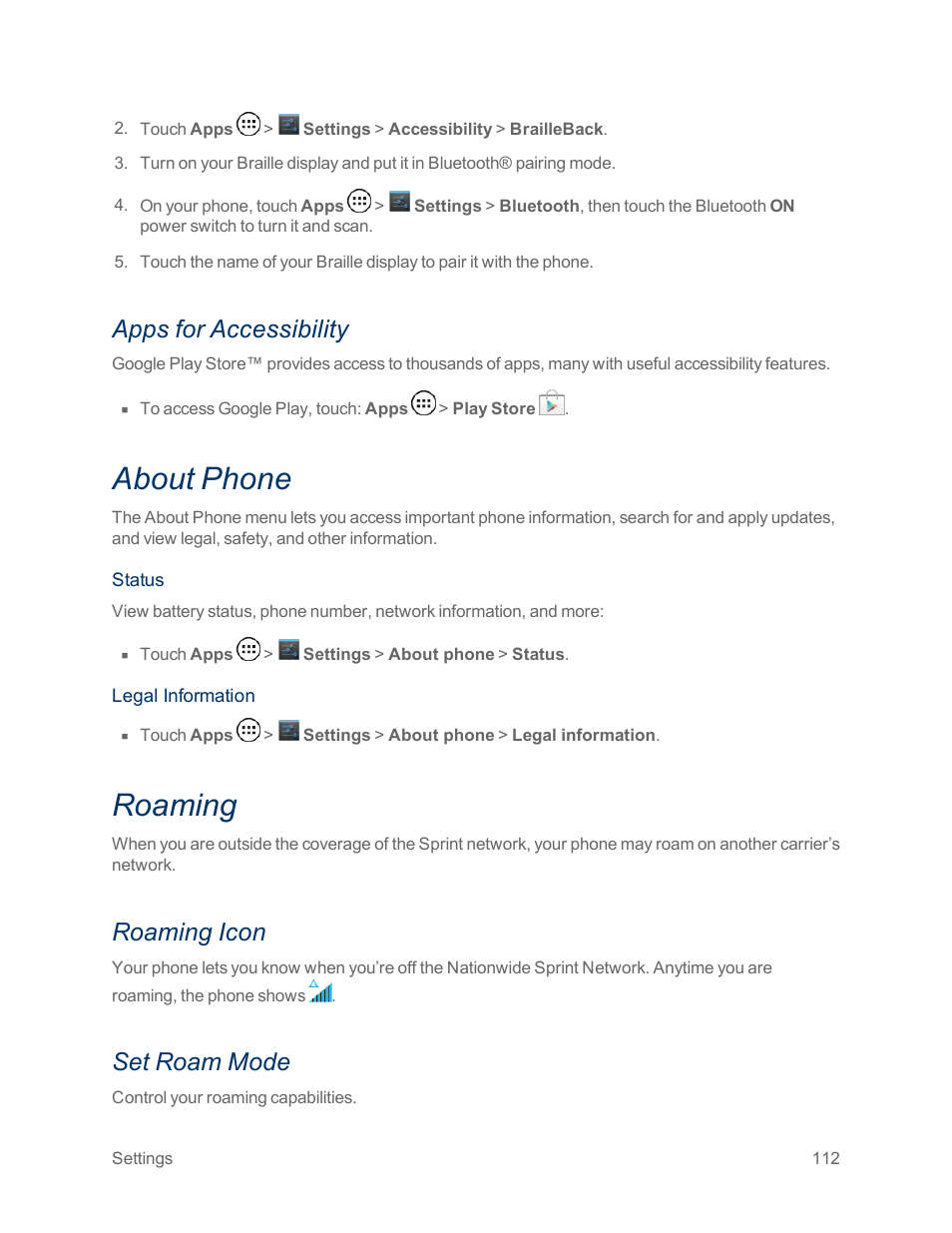 Apps for accessibility, About phone, Roaming | Roaming icon, Set roam mode | Motorola moto x User Manual | Page 121 / 149