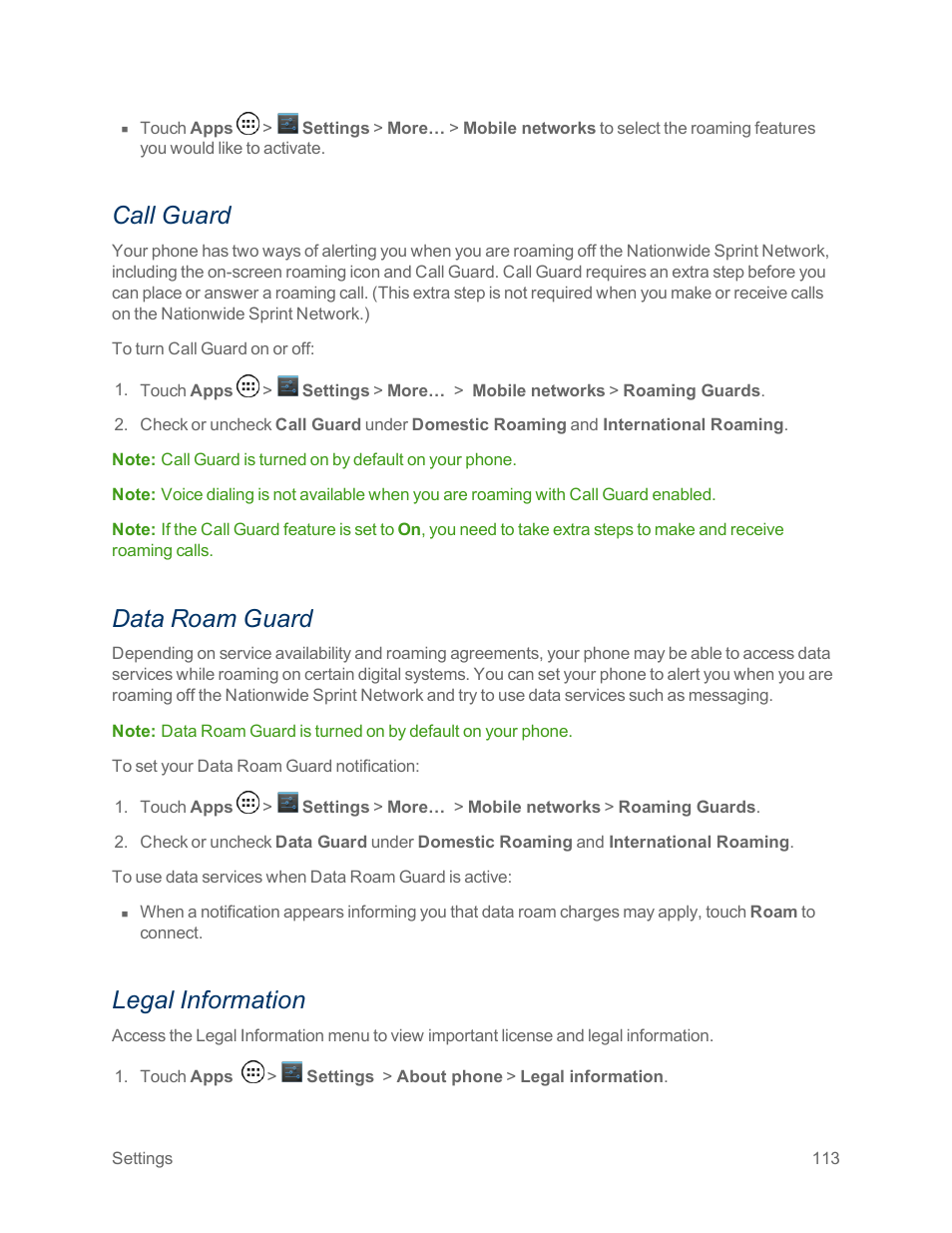 Call guard, Data roam guard, Legal information | Motorola moto x User Manual | Page 122 / 149