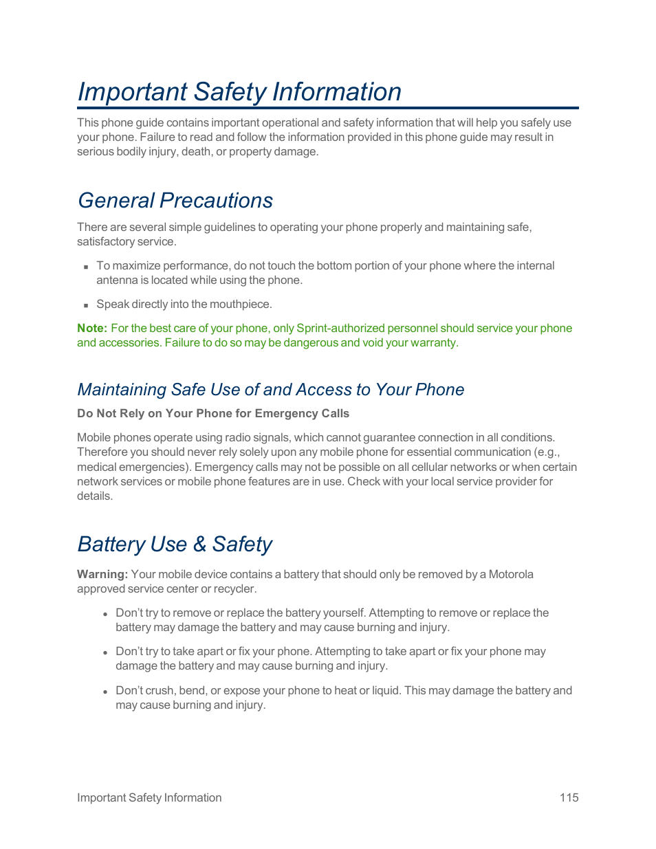 Important safety information, General precautions, Maintaining safe use of and access to your phone | Battery use & safety | Motorola moto x User Manual | Page 124 / 149