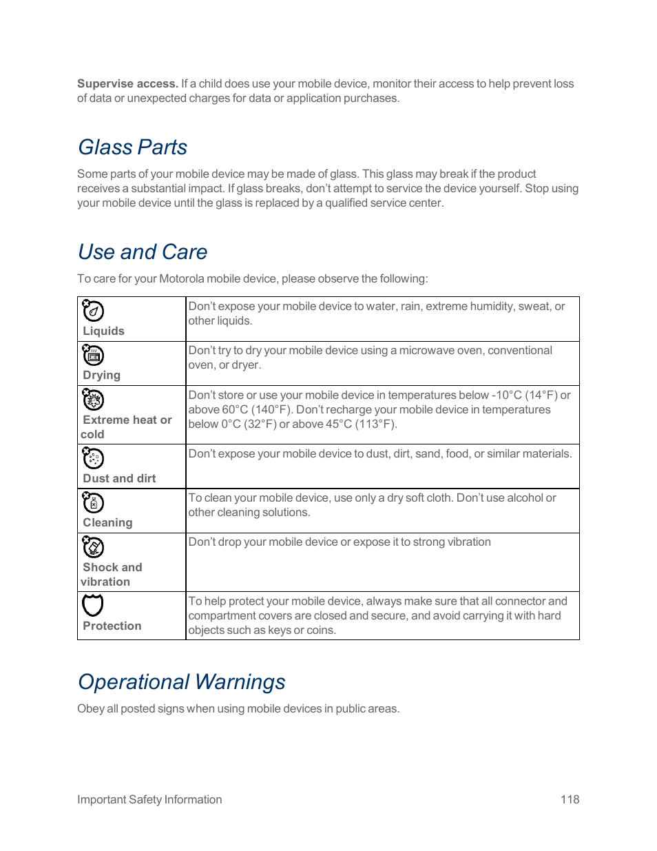 Glass parts, Use and care, Operational warnings | Motorola moto x User Manual | Page 127 / 149