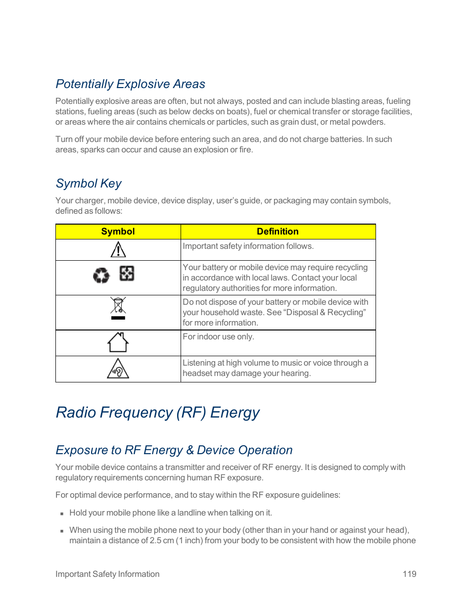 Potentially explosive areas, Symbol key, Radio frequency (rf) energy | Exposure to rf energy & device operation | Motorola moto x User Manual | Page 128 / 149