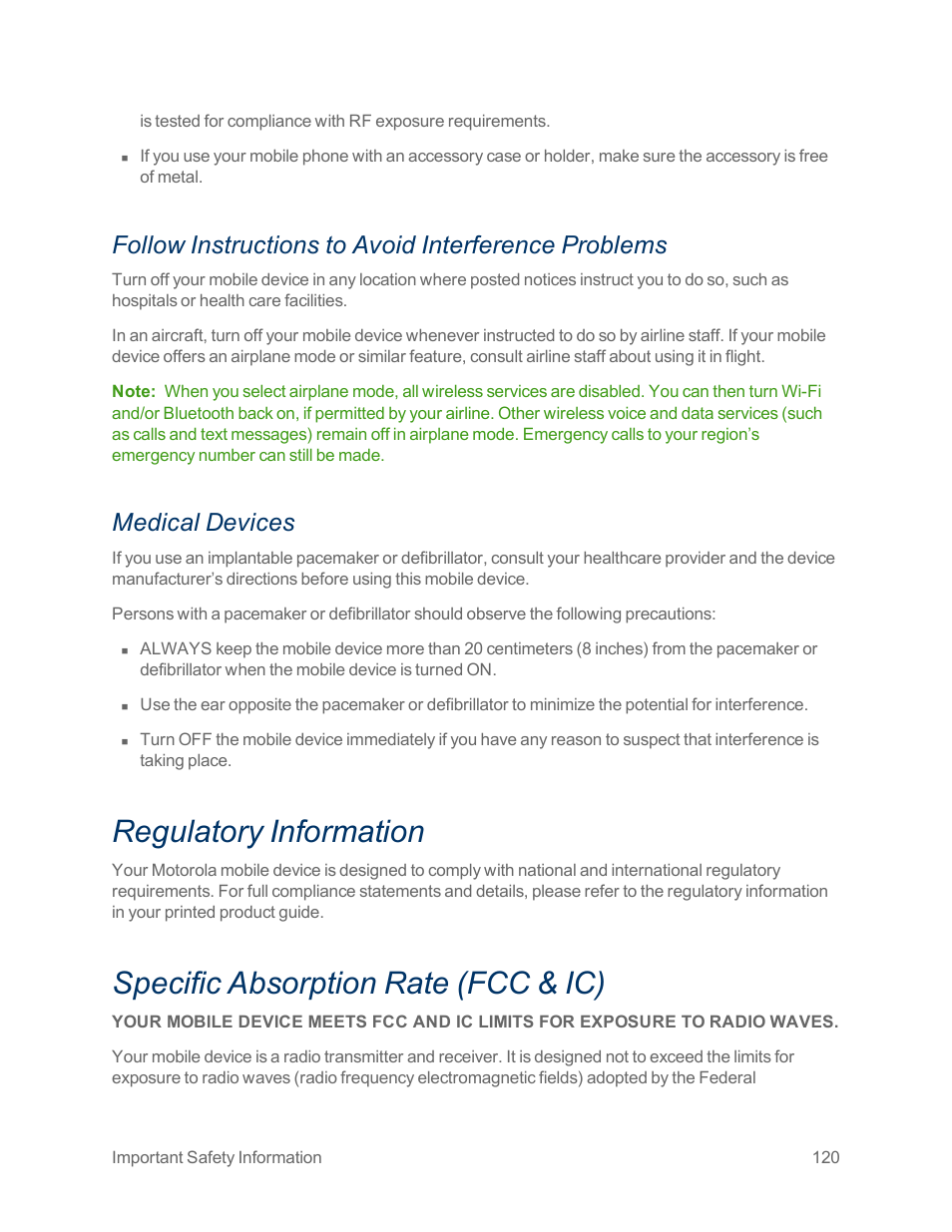 Follow instructions to avoid interference problems, Medical devices, Regulatory information | Specific absorption rate (fcc & ic) | Motorola moto x User Manual | Page 129 / 149