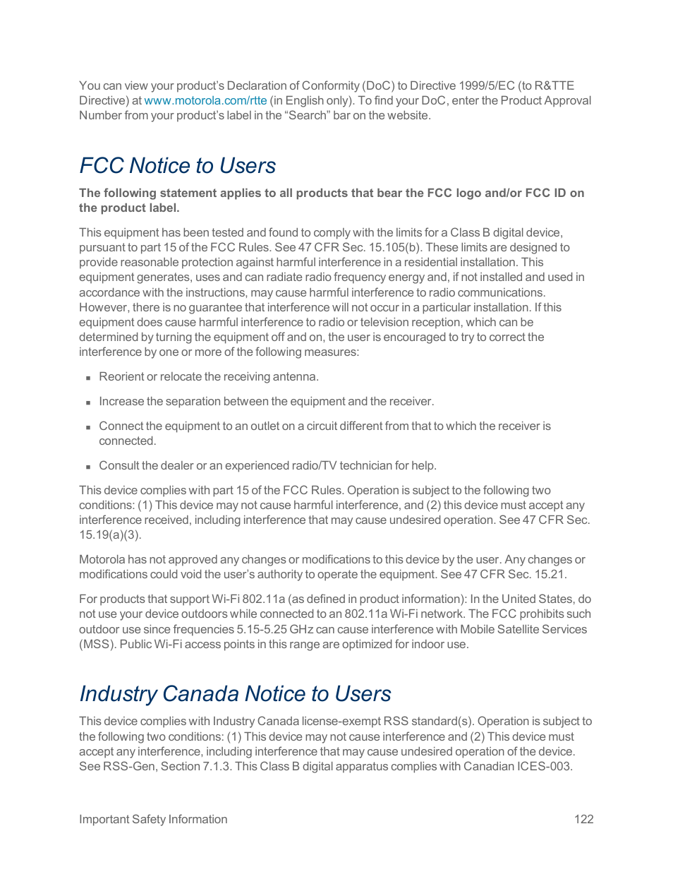 Fcc notice to users, Industry canada notice to users | Motorola moto x User Manual | Page 131 / 149