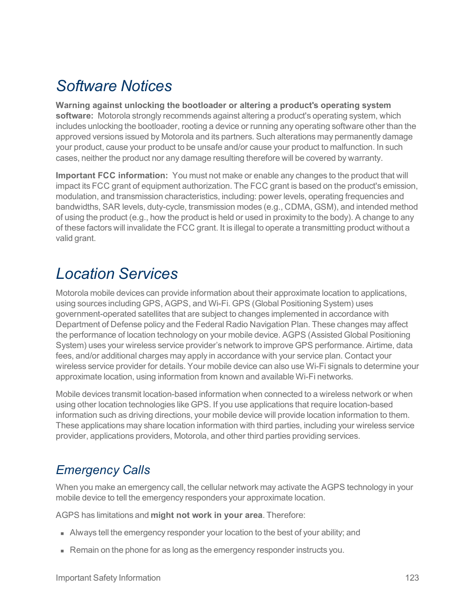 Software notices, Location services, Emergency calls | Motorola moto x User Manual | Page 132 / 149