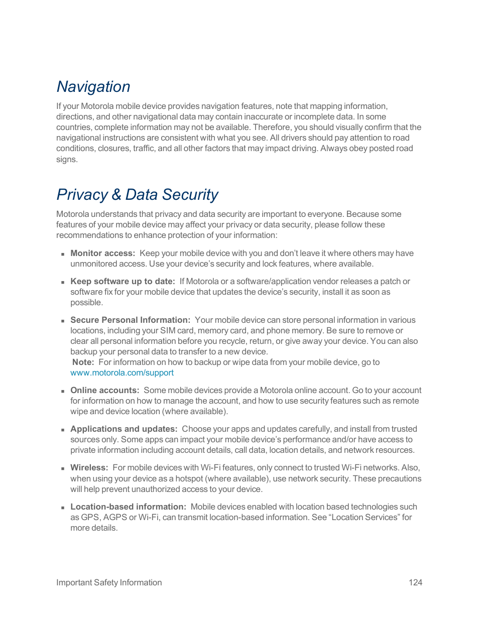 Navigation, Privacy & data security | Motorola moto x User Manual | Page 133 / 149