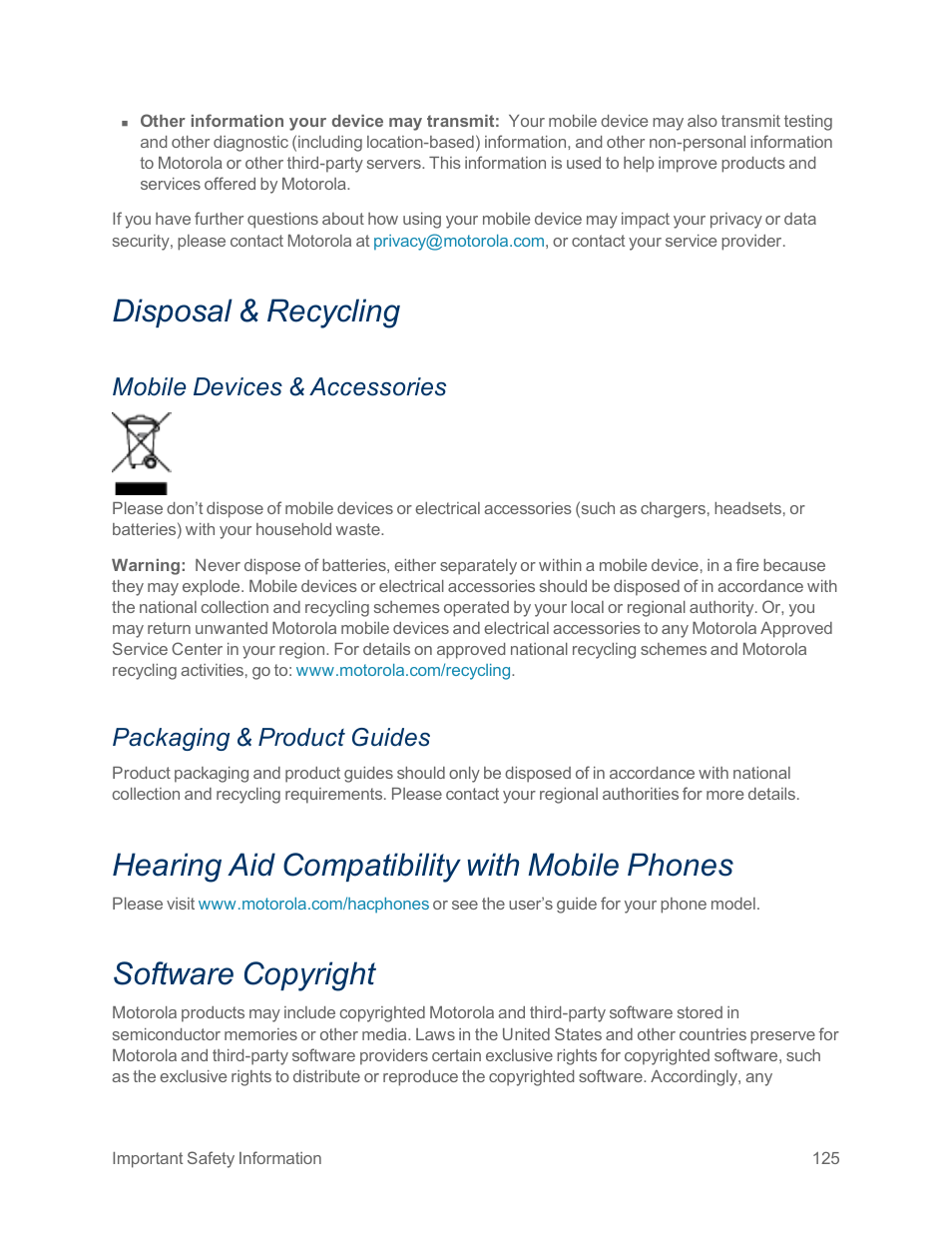 Disposal & recycling, Mobile devices & accessories, Packaging & product guides | Hearing aid compatibility with mobile phones, Software copyright | Motorola moto x User Manual | Page 134 / 149