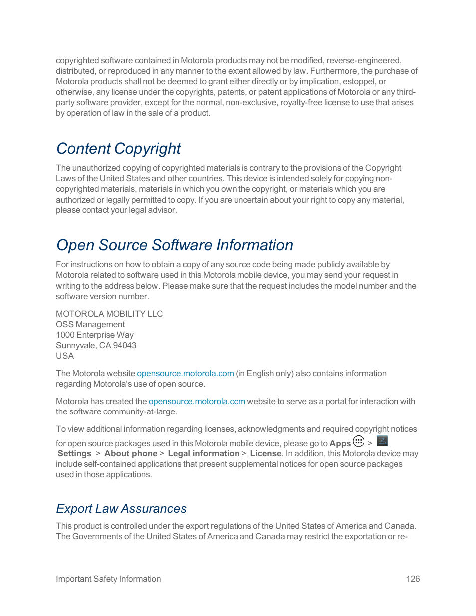 Content copyright, Open source software information, Export law assurances | Motorola moto x User Manual | Page 135 / 149