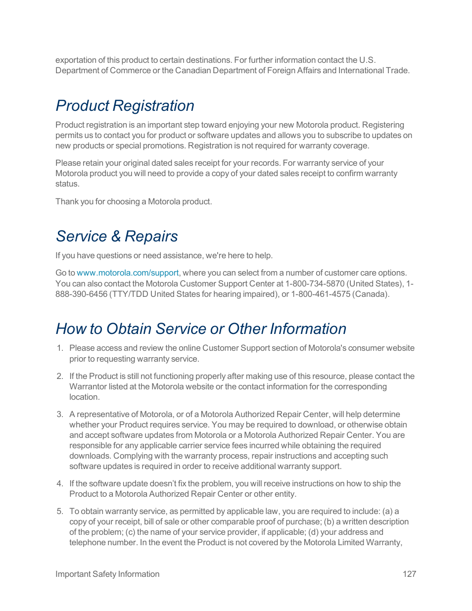 Product registration, Service & repairs, How to obtain service or other information | Motorola moto x User Manual | Page 136 / 149