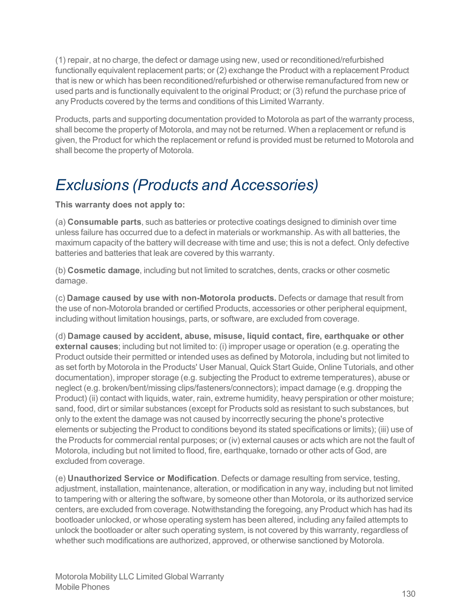 Exclusions (products and accessories) | Motorola moto x User Manual | Page 139 / 149