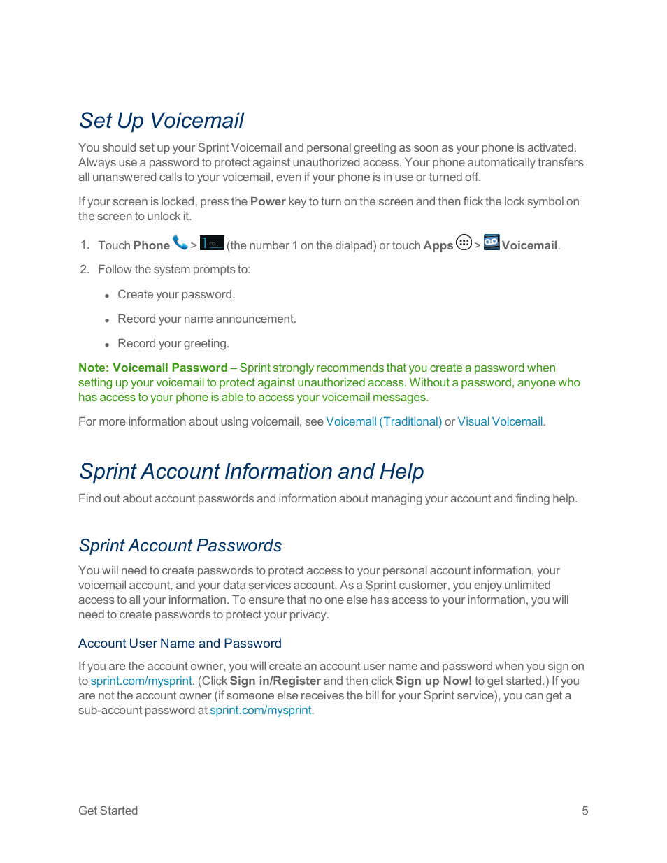 Set up voicemail, Sprint account information and help, Sprint account passwords | Motorola moto x User Manual | Page 14 / 149