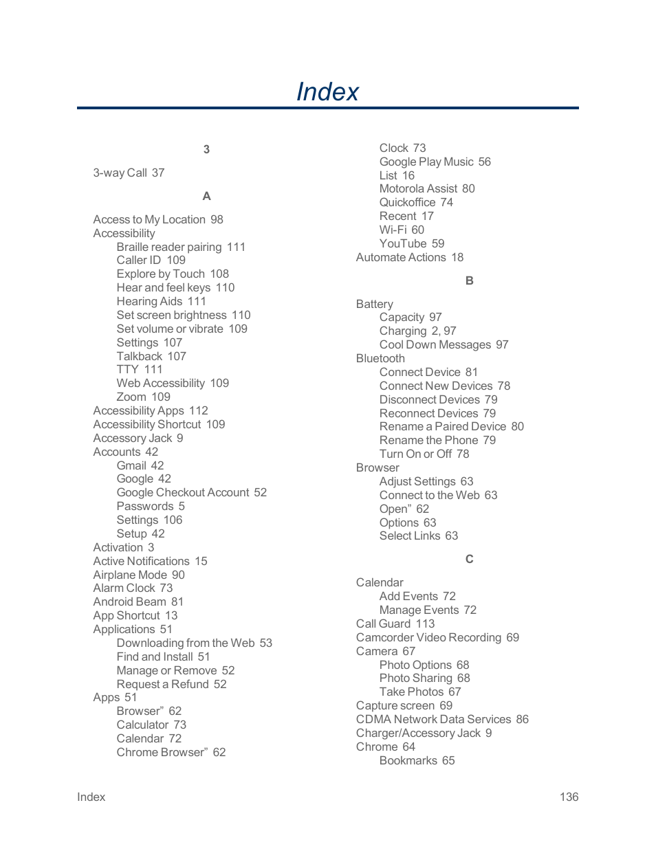 Index | Motorola moto x User Manual | Page 145 / 149