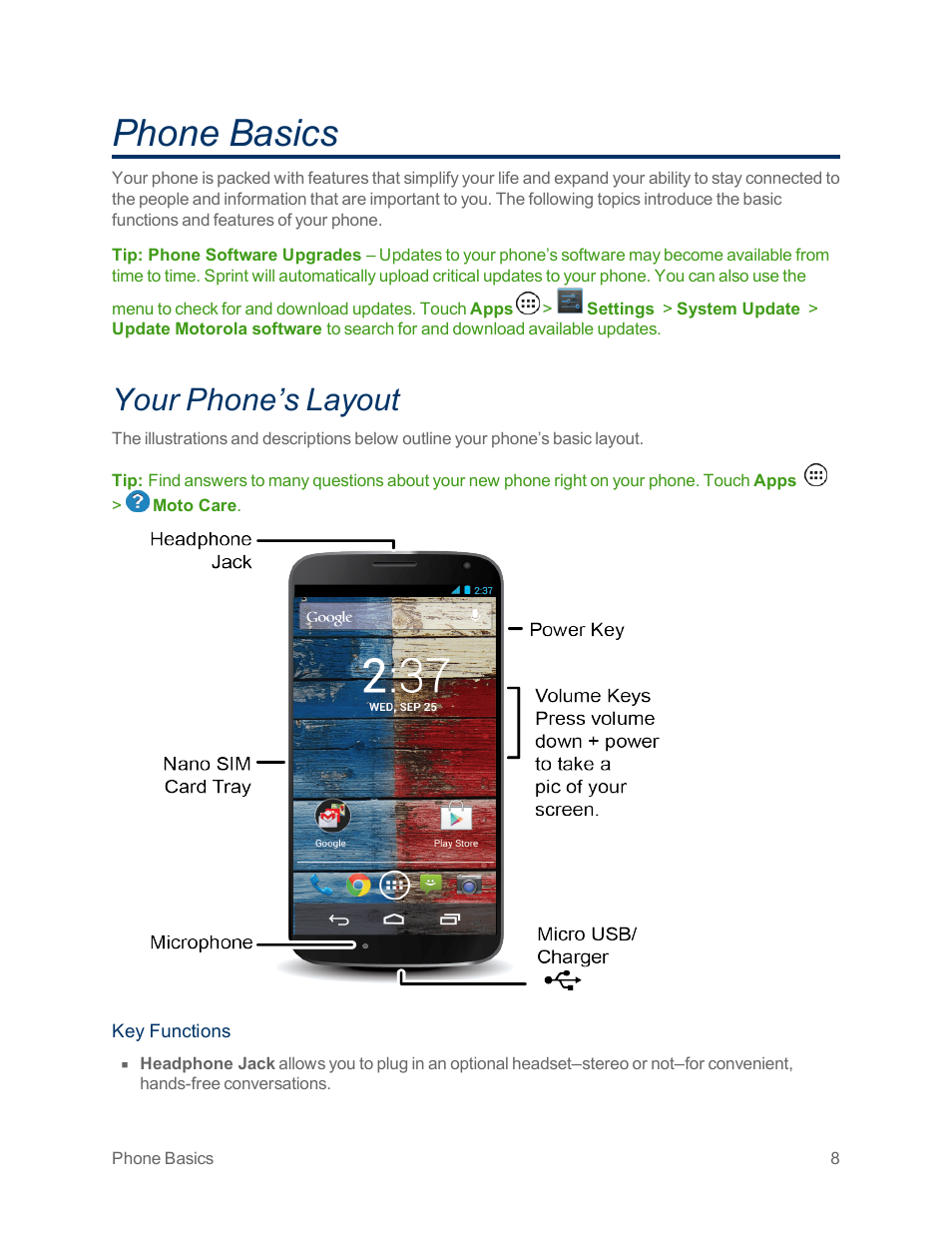 Phone basics, Your phone’s layout | Motorola moto x User Manual | Page 17 / 149