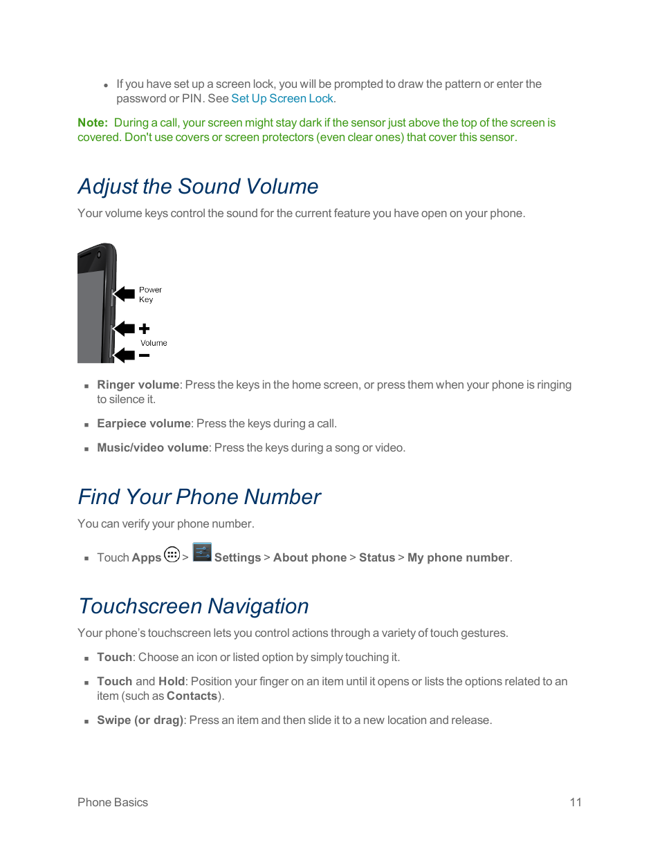 Adjust the sound volume, Find your phone number, Touchscreen navigation | Motorola moto x User Manual | Page 20 / 149