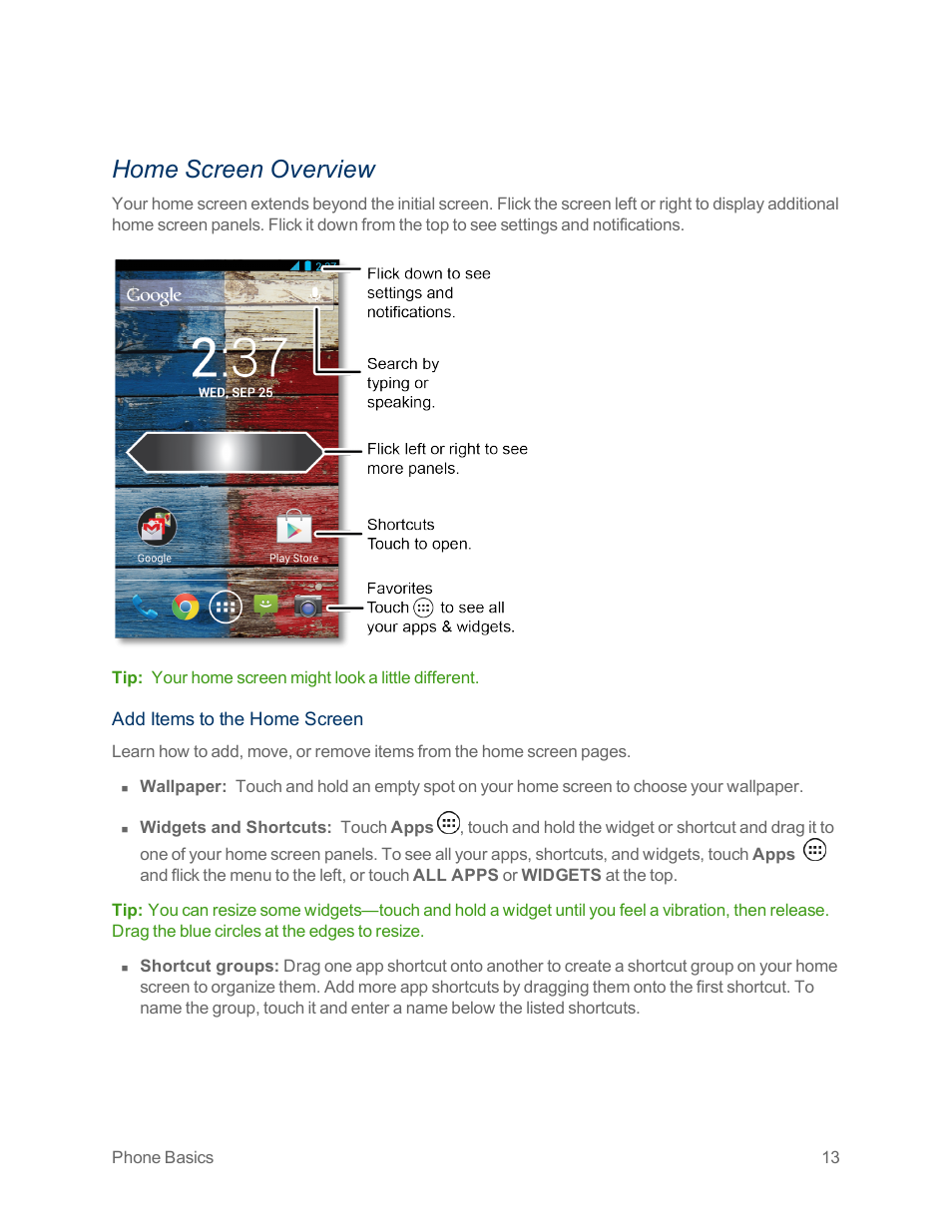 Home screen overview | Motorola moto x User Manual | Page 22 / 149