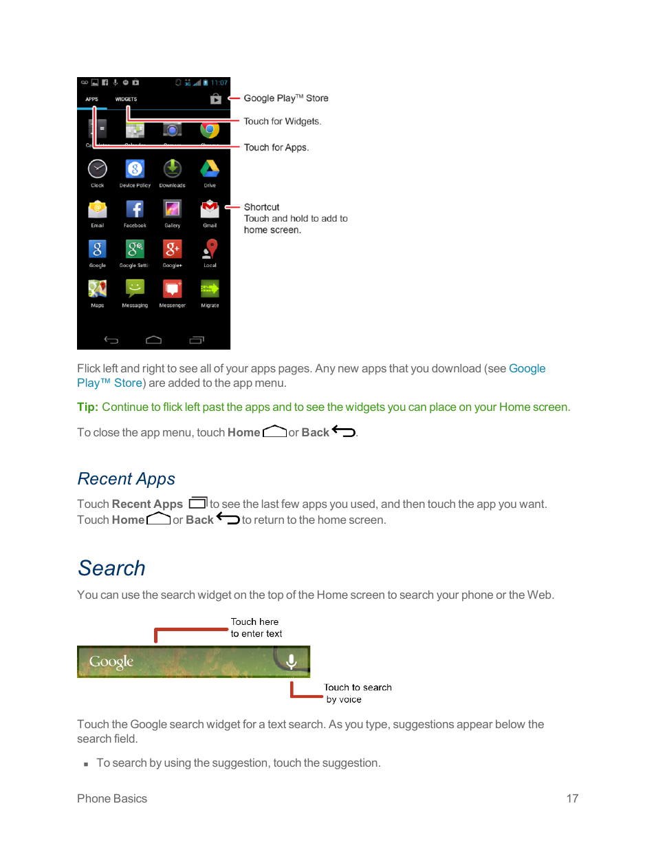 Recent apps, Search | Motorola moto x User Manual | Page 26 / 149