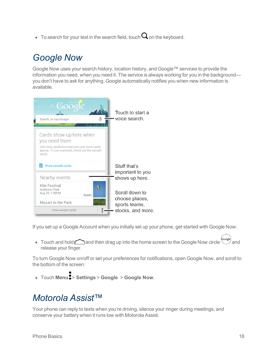 Google now, Motorola assist | Motorola moto x User Manual | Page 27 / 149