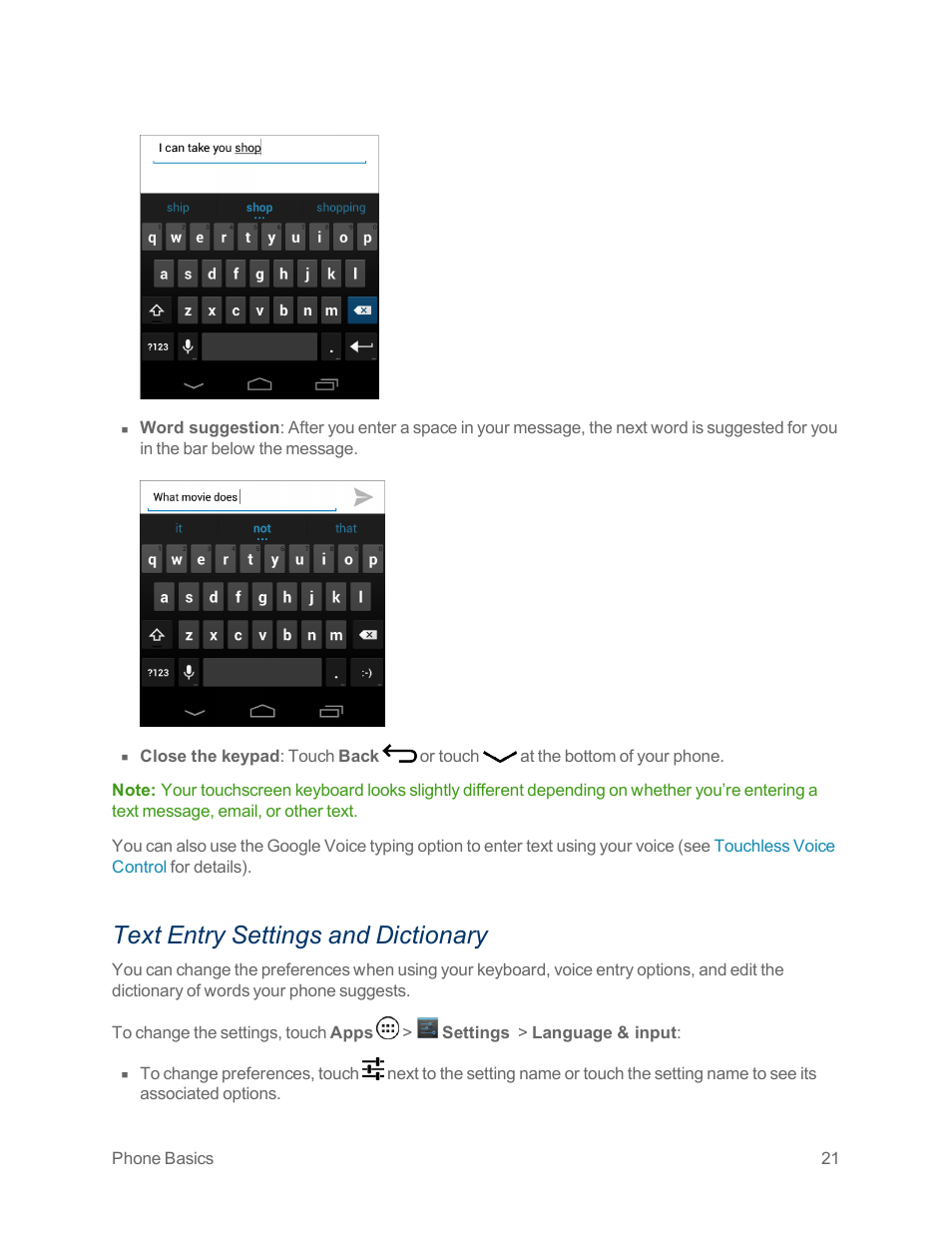 Text entry settings and dictionary | Motorola moto x User Manual | Page 30 / 149