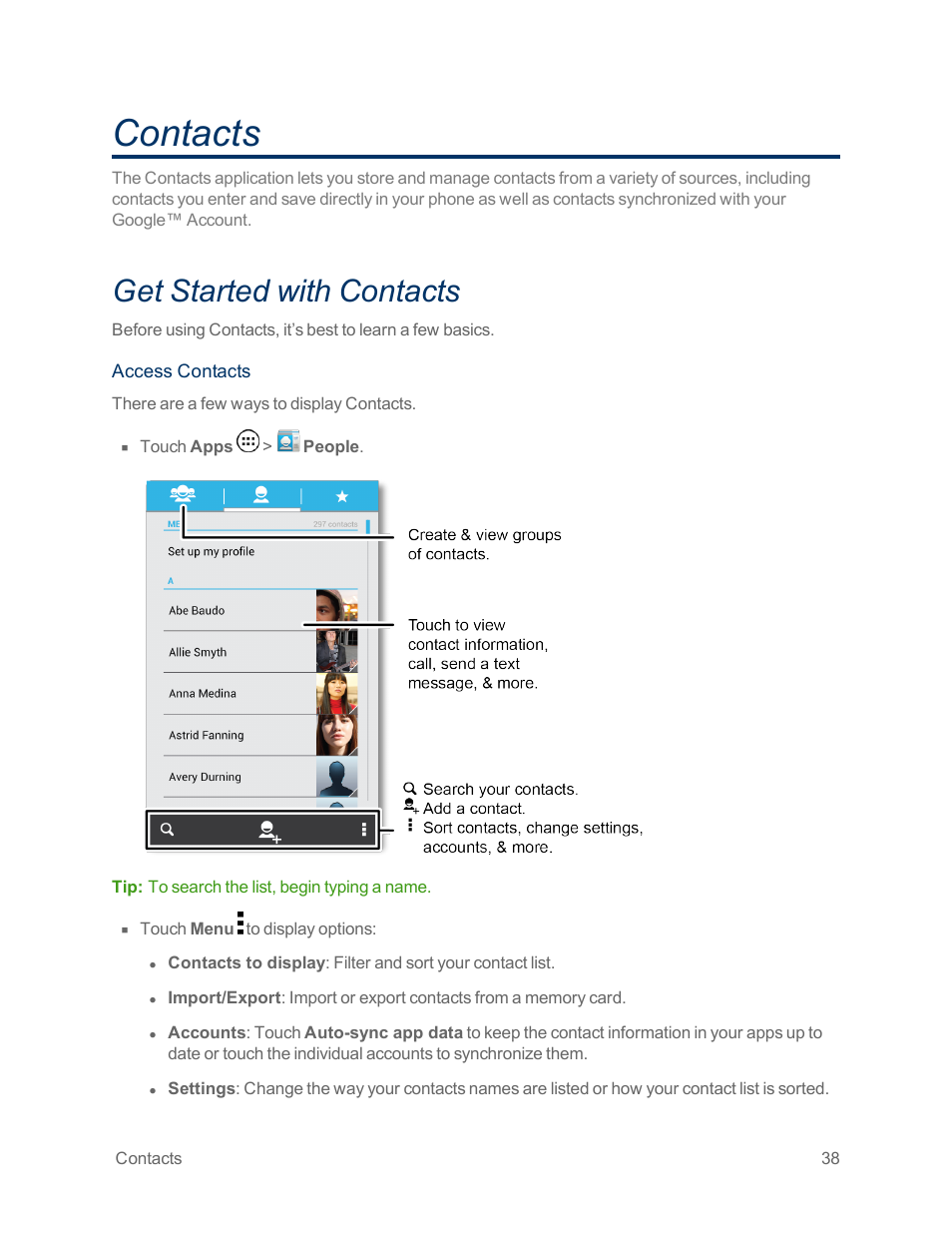 Contacts, Get started with contacts | Motorola moto x User Manual | Page 47 / 149