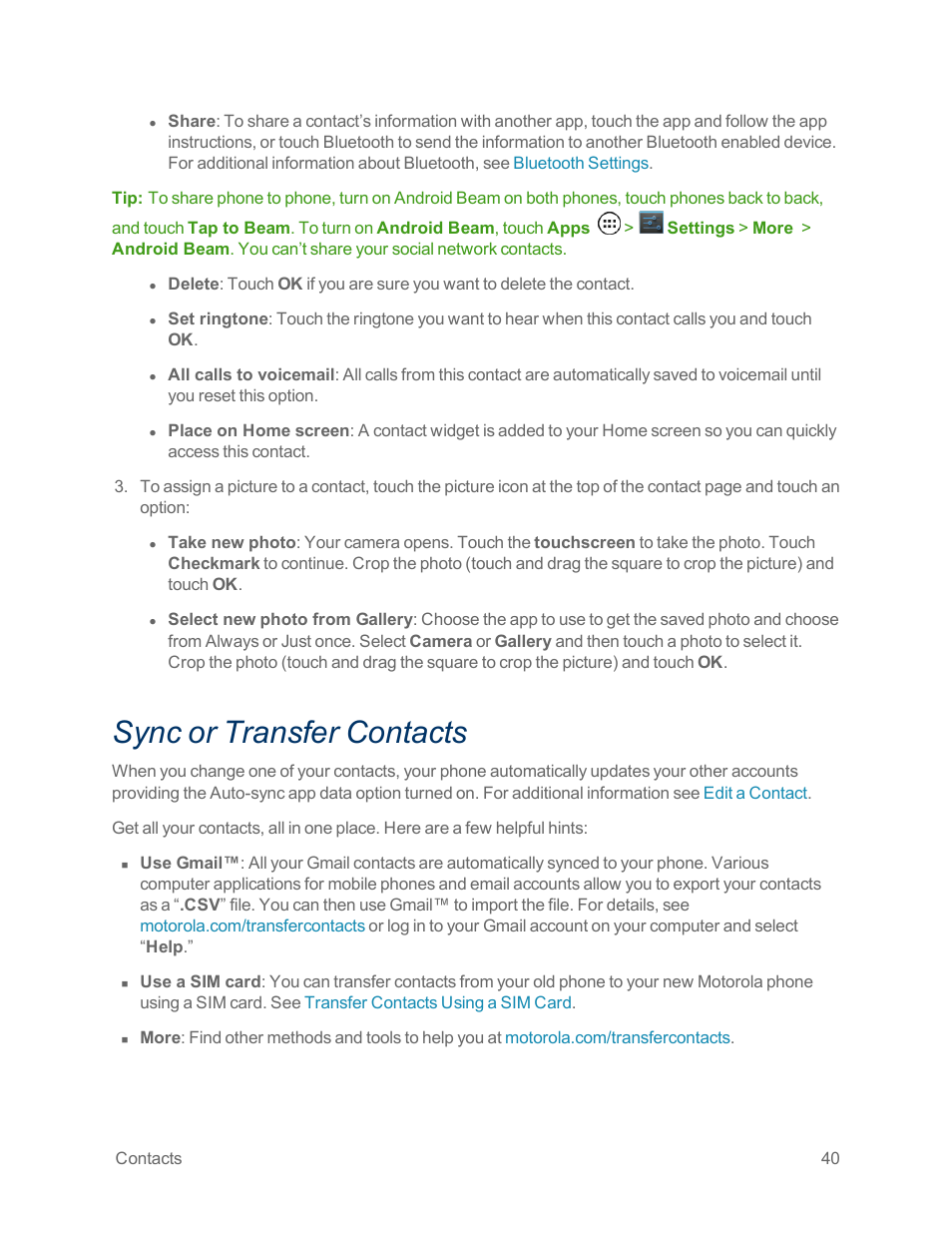 Sync or transfer contacts | Motorola moto x User Manual | Page 49 / 149