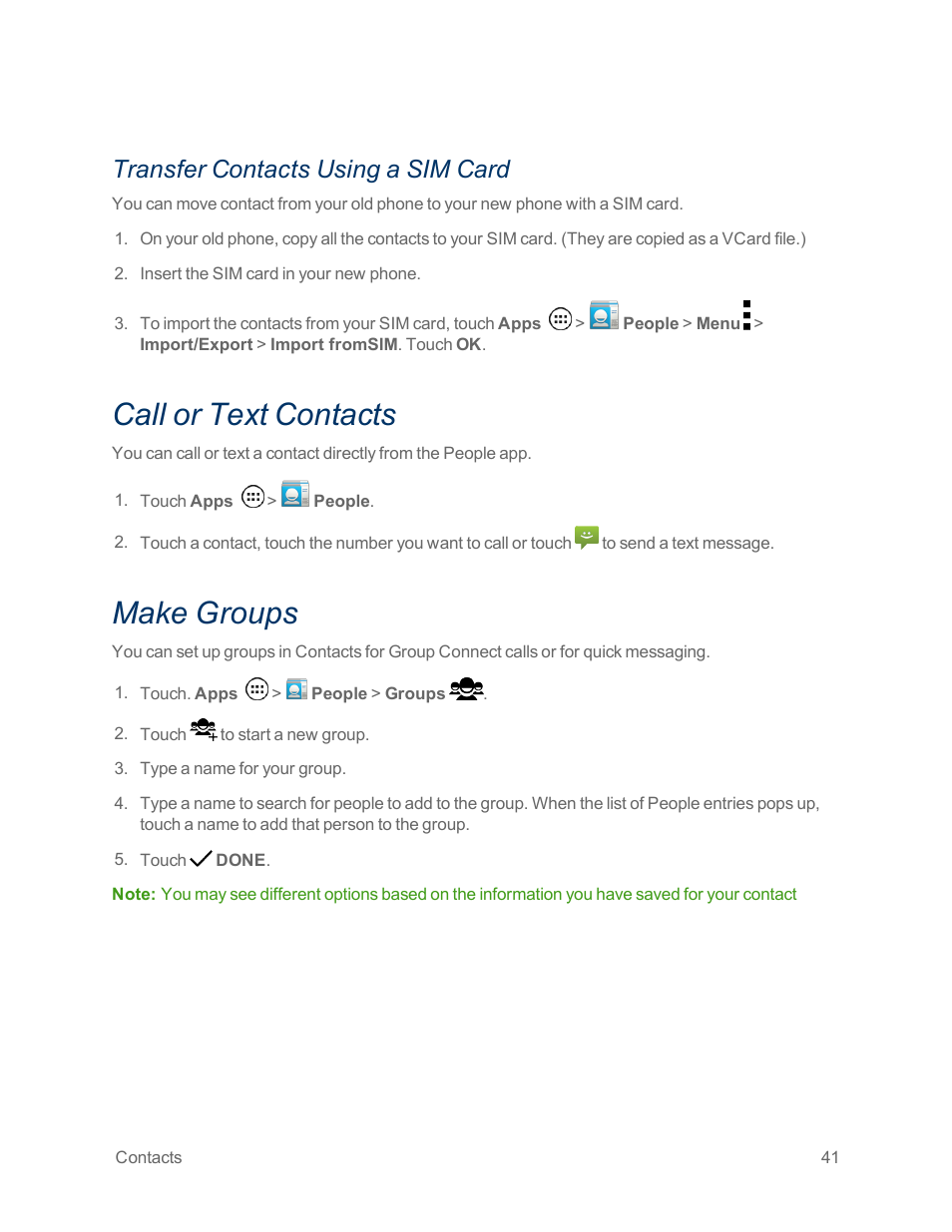 Transfer contacts using a sim card, Call or text contacts, Make groups | Motorola moto x User Manual | Page 50 / 149