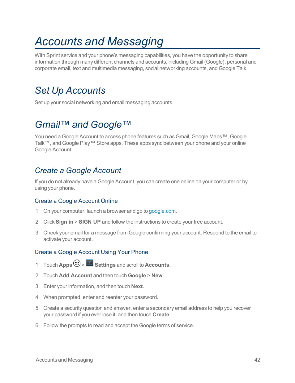 Accounts and messaging, Set up accounts, Gmail™ and google | Create a google account | Motorola moto x User Manual | Page 51 / 149