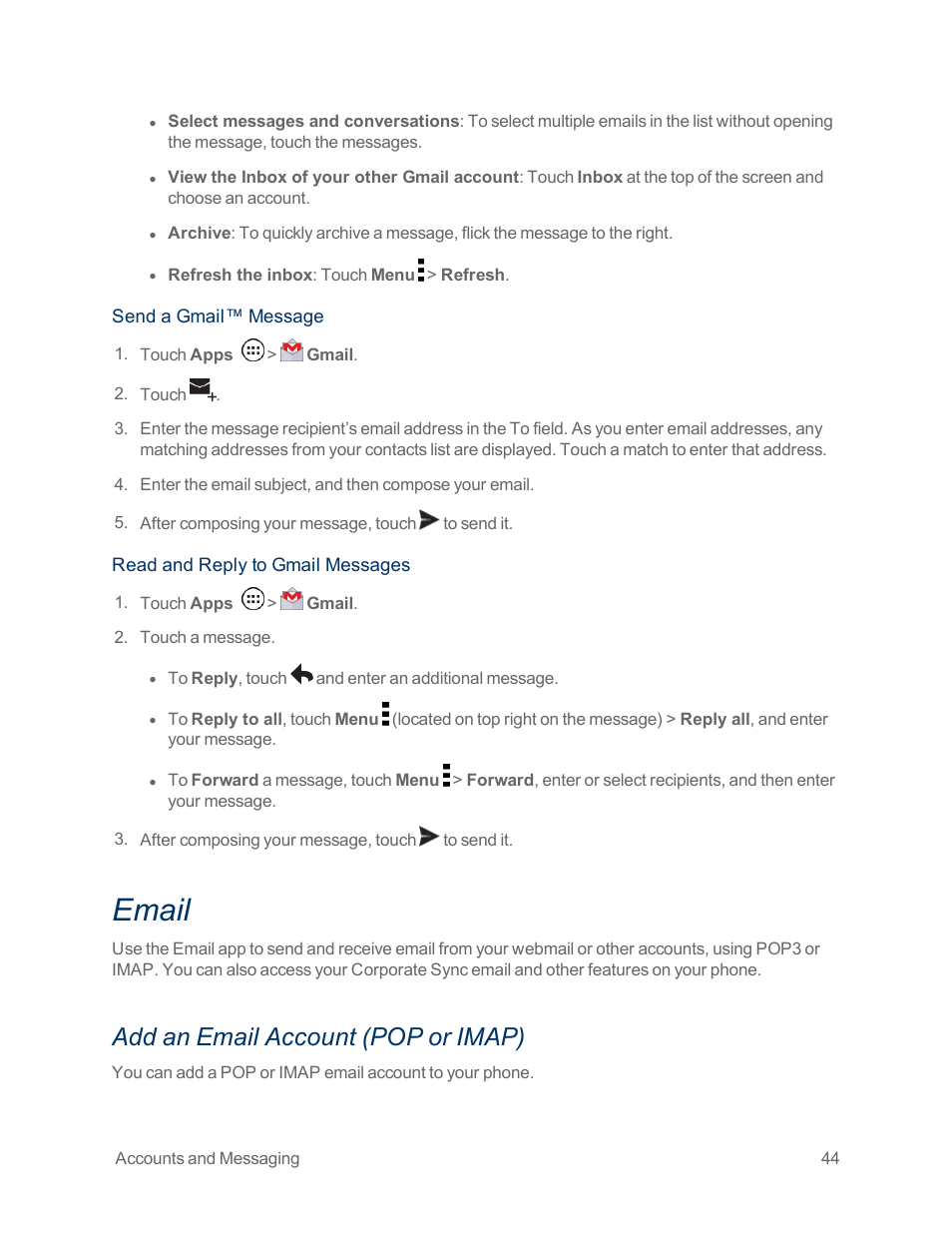 Email, Add an email account (pop or imap) | Motorola moto x User Manual | Page 53 / 149