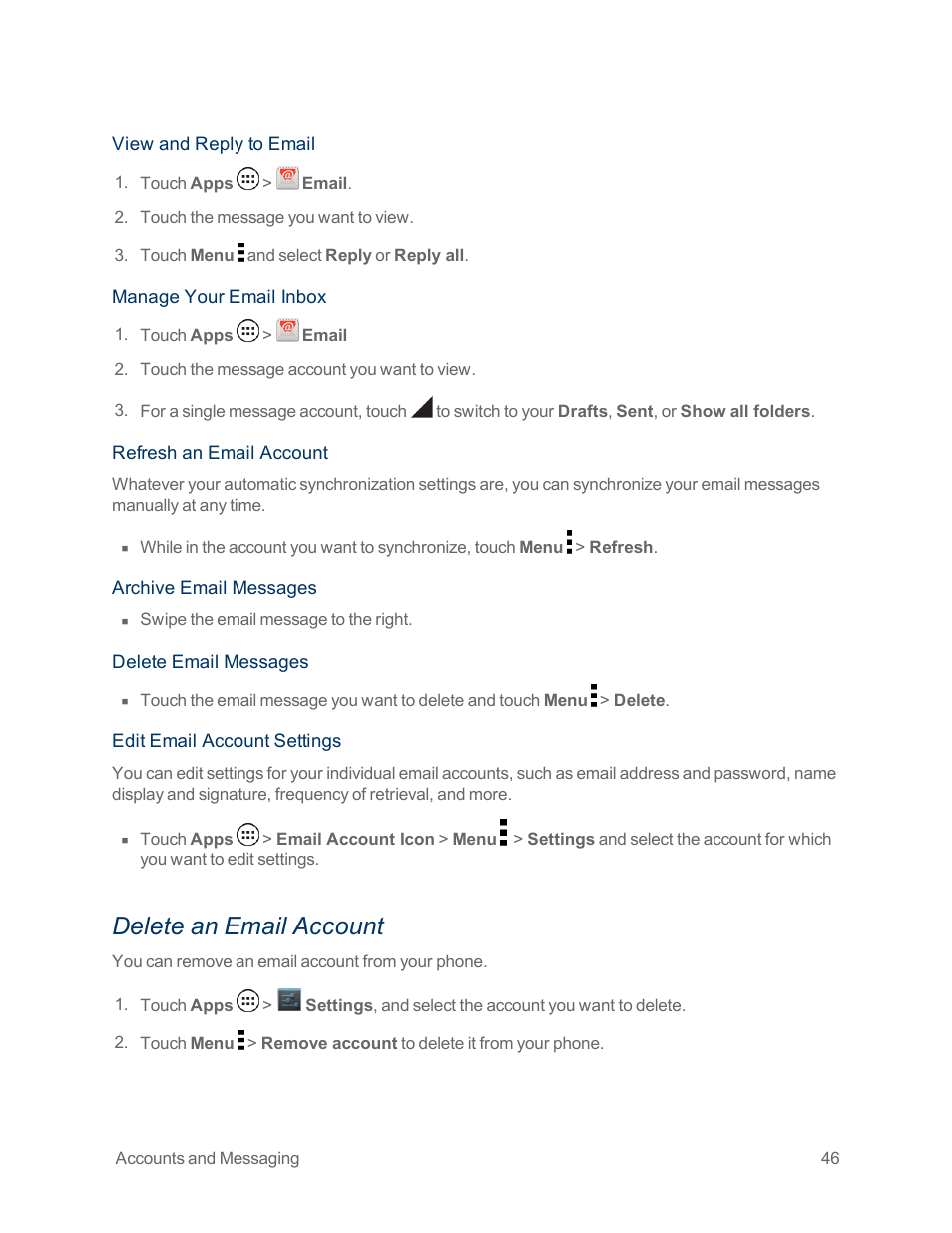 Delete an email account | Motorola moto x User Manual | Page 55 / 149