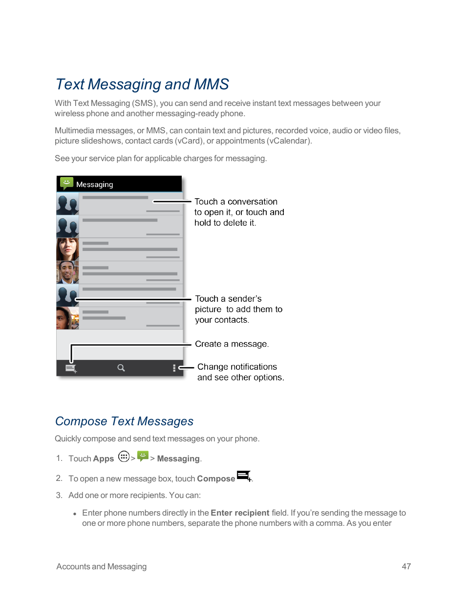 Text messaging and mms, Compose text messages | Motorola moto x User Manual | Page 56 / 149