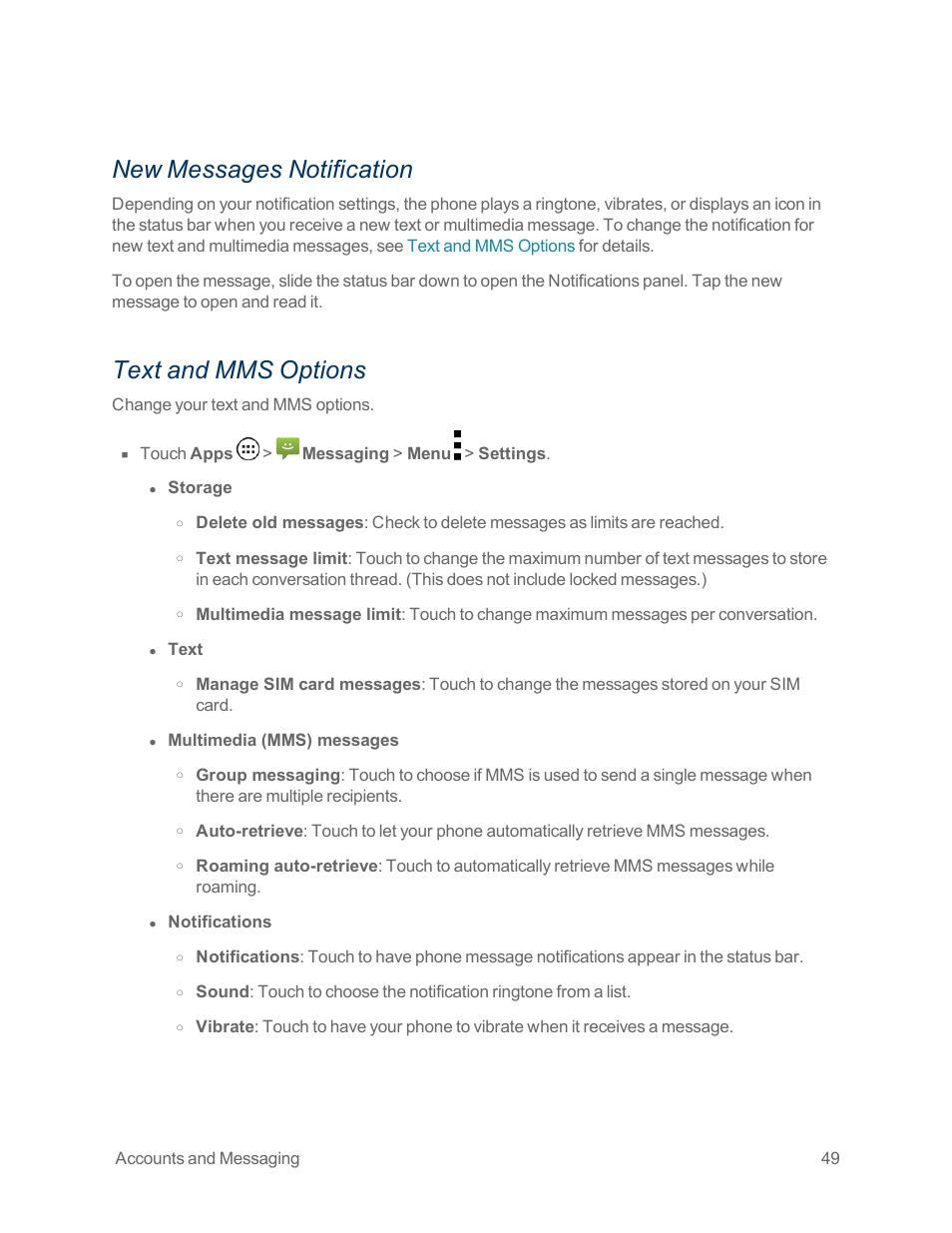 New messages notification, Text and mms options | Motorola moto x User Manual | Page 58 / 149