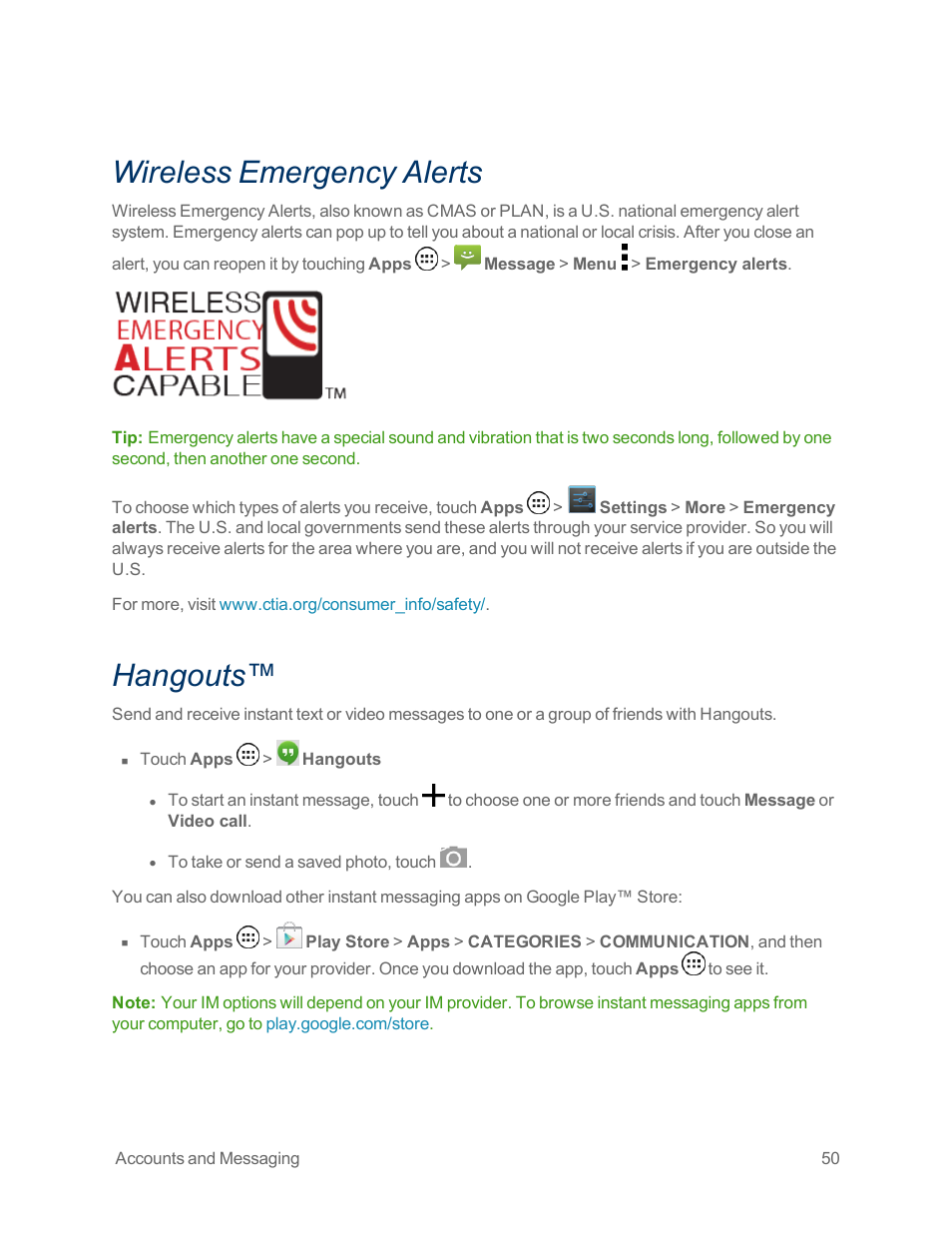 Wireless emergency alerts, Hangouts | Motorola moto x User Manual | Page 59 / 149