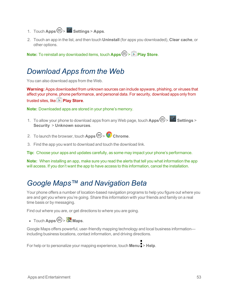 Download apps from the web, Google maps™ and navigation beta | Motorola moto x User Manual | Page 62 / 149