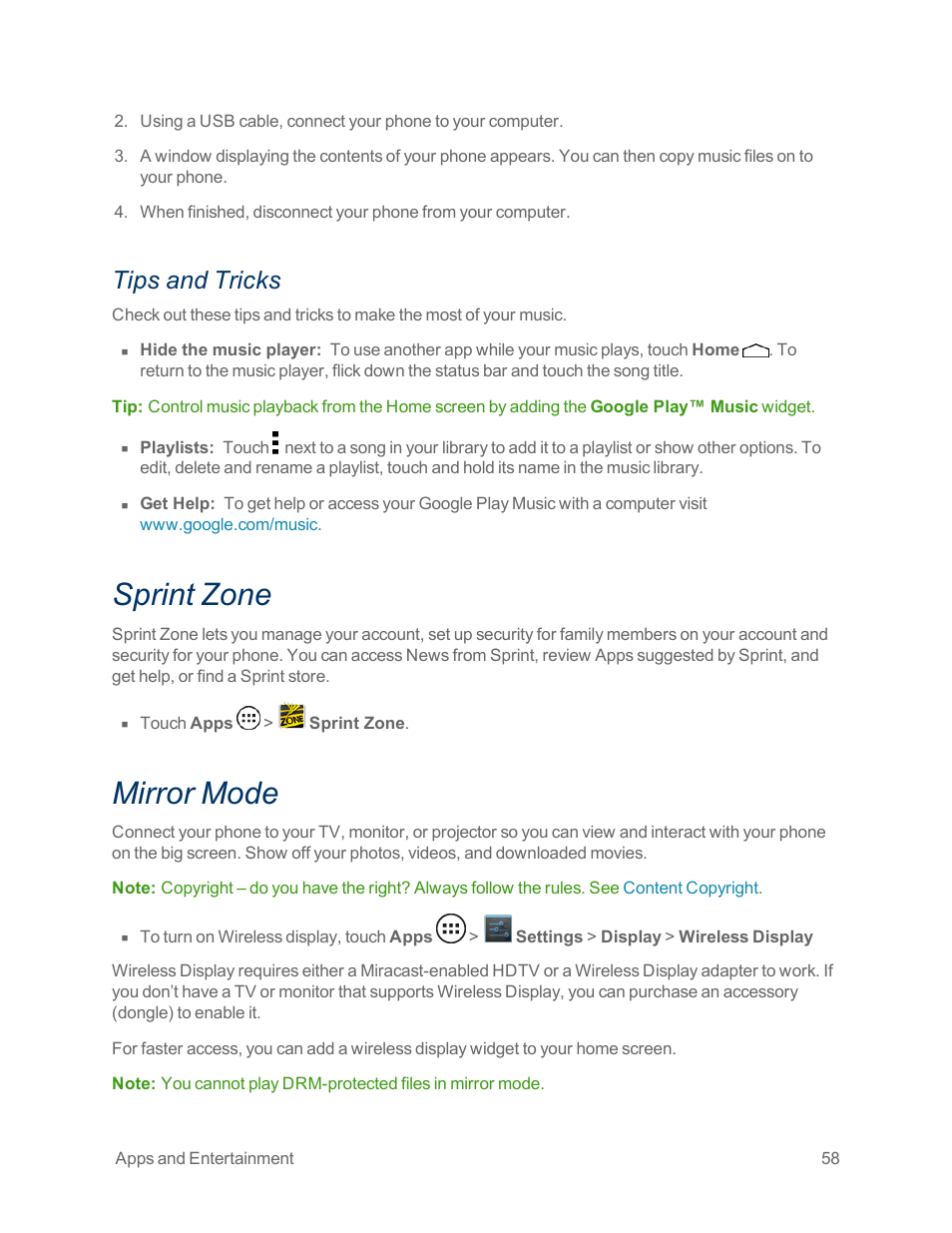 Tips and tricks, Sprint zone, Mirror mode | Motorola moto x User Manual | Page 67 / 149