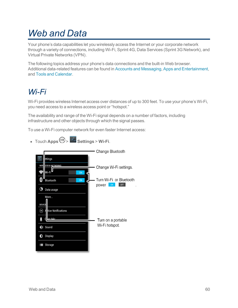 Web and data, Wi-fi | Motorola moto x User Manual | Page 69 / 149