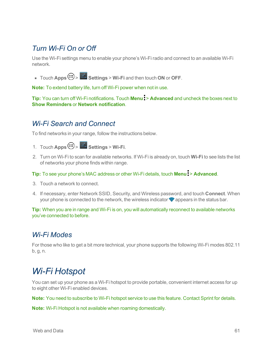 Turn wi-fi on or off, Wi-fi search and connect, Wi-fi modes | Wi-fi hotspot | Motorola moto x User Manual | Page 70 / 149