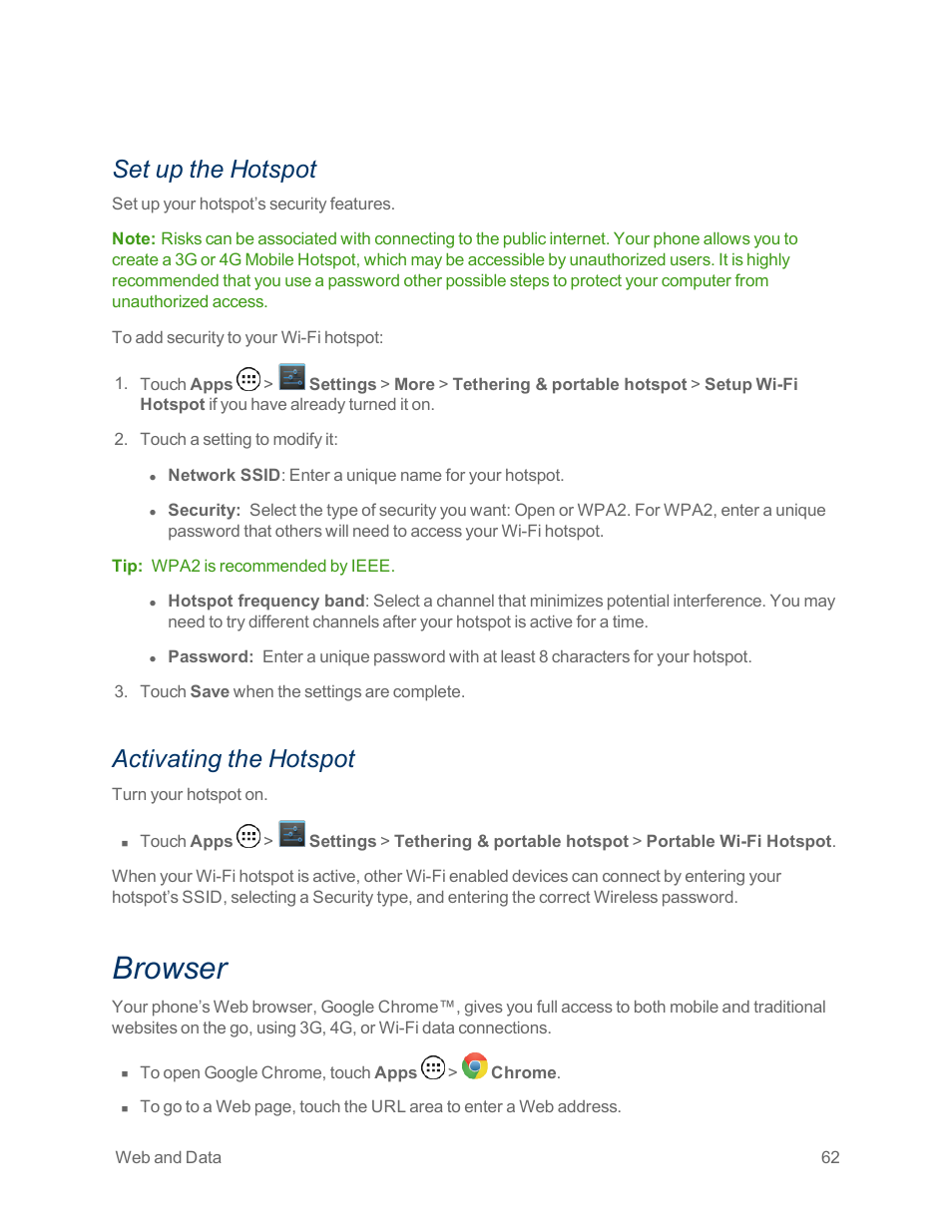 Set up the hotspot, Activating the hotspot, Browser | Motorola moto x User Manual | Page 71 / 149