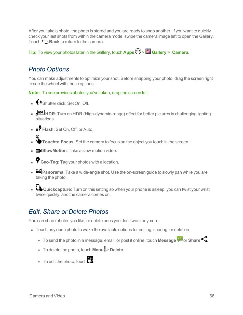 Photo options, Edit, share or delete photos | Motorola moto x User Manual | Page 77 / 149