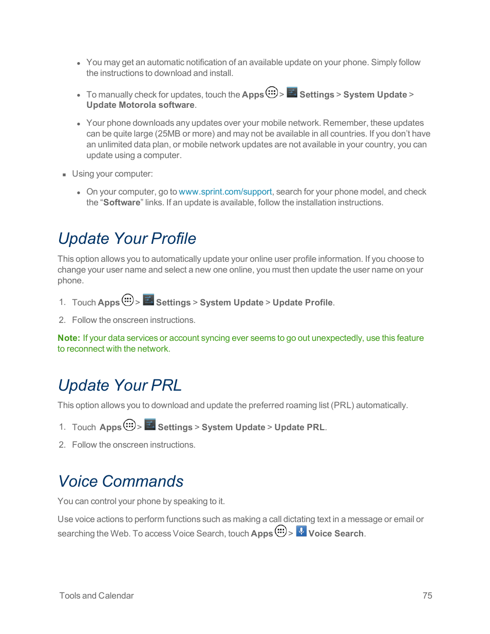 Update your profile, Update your prl, Voice commands | Motorola moto x User Manual | Page 84 / 149