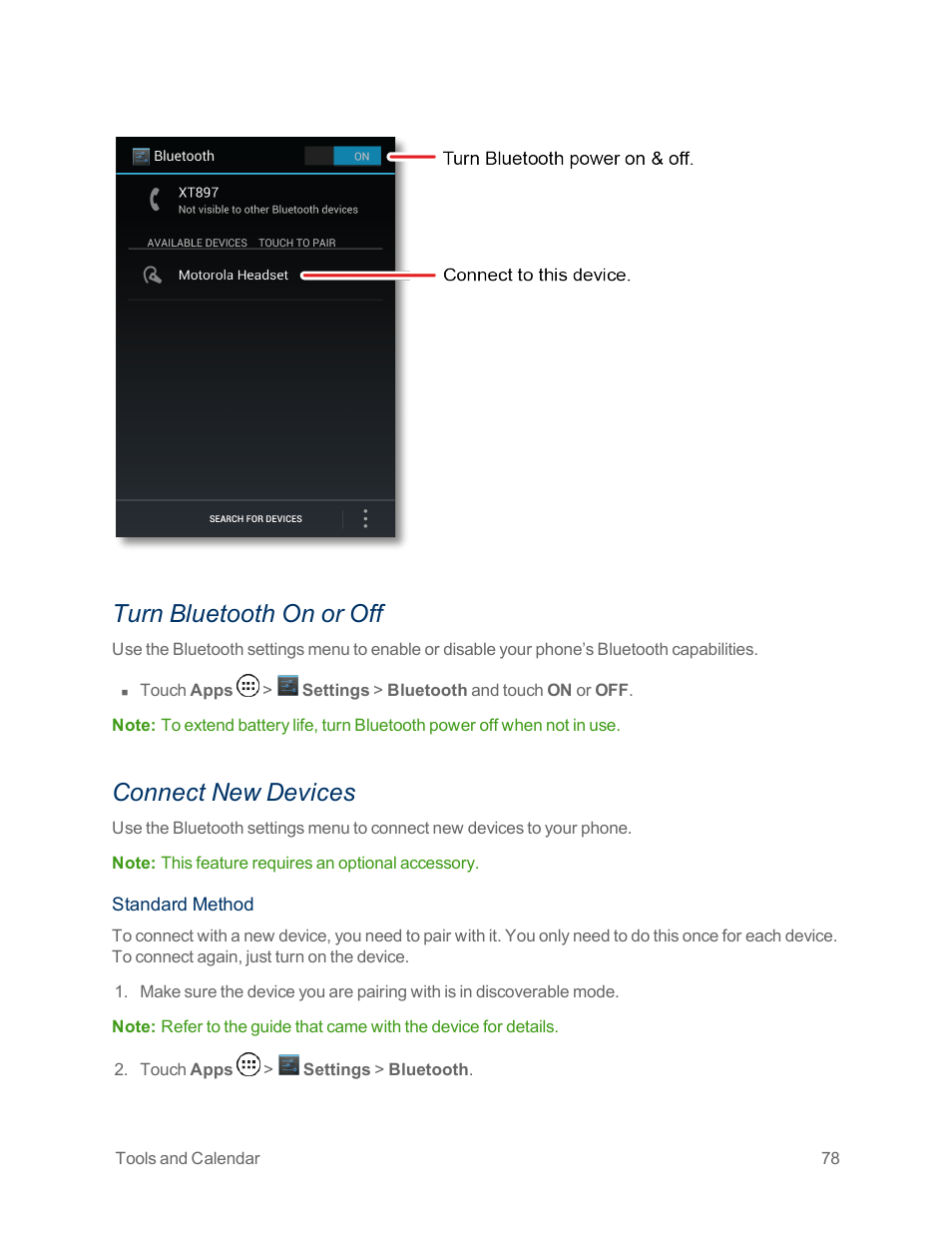 Turn bluetooth on or off, Connect new devices | Motorola moto x User Manual | Page 87 / 149