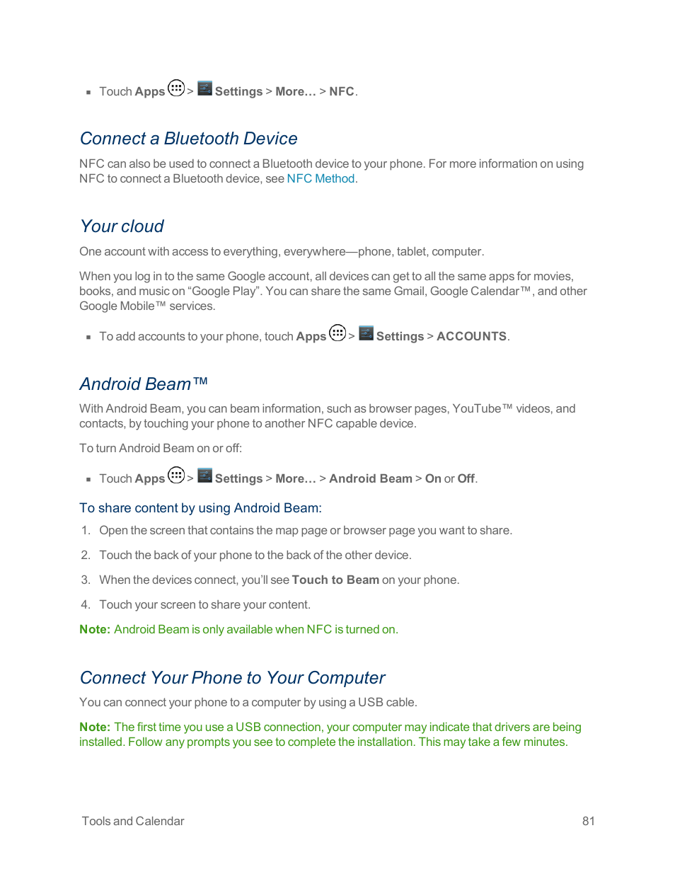 Connect a bluetooth device, Your cloud, Android beam | Connect your phone to your computer | Motorola moto x User Manual | Page 90 / 149